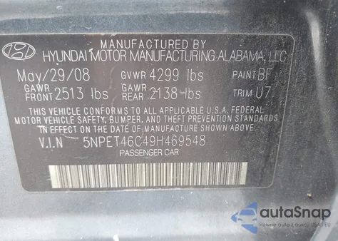 2009 Hyundai Sonata Gls из США, поврежденный, VIN 5NPET46C49H469548